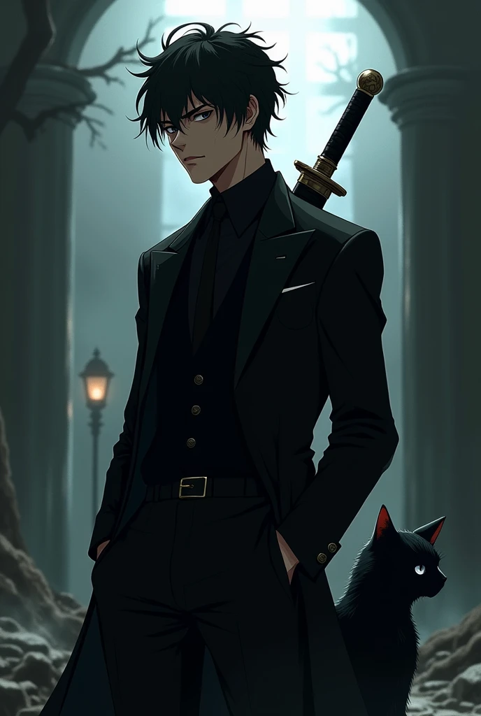 A man with messy black hair, mature face, mole below left eye, eyes with dark pupils (Altogether) wearing a black suit, he wears a sword and has a black cat. anime styling  