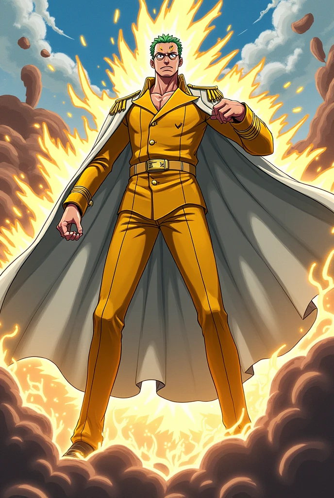 Admiral of the Navy who wears a yellow suit with black lines and glasses, wears a white high cape, who has a calm personality, is tall and uses his light power with his feet or hands, in a fighting pose with injuries, his hair is very short, in the style of One Piece anime 