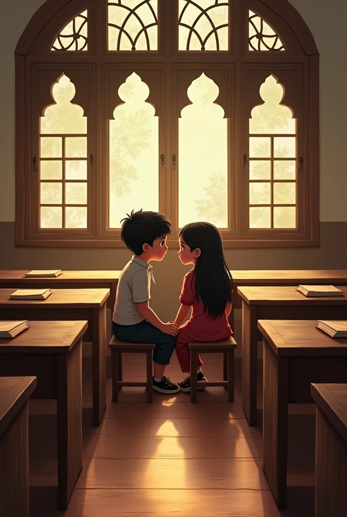A class of india having full of wooden desks and benches facing towards left side and the right side of the desks and benches having window which had three part and the back side also having a window as the right side window and in the last bench and desk a boy and girl is sitting and looking each other