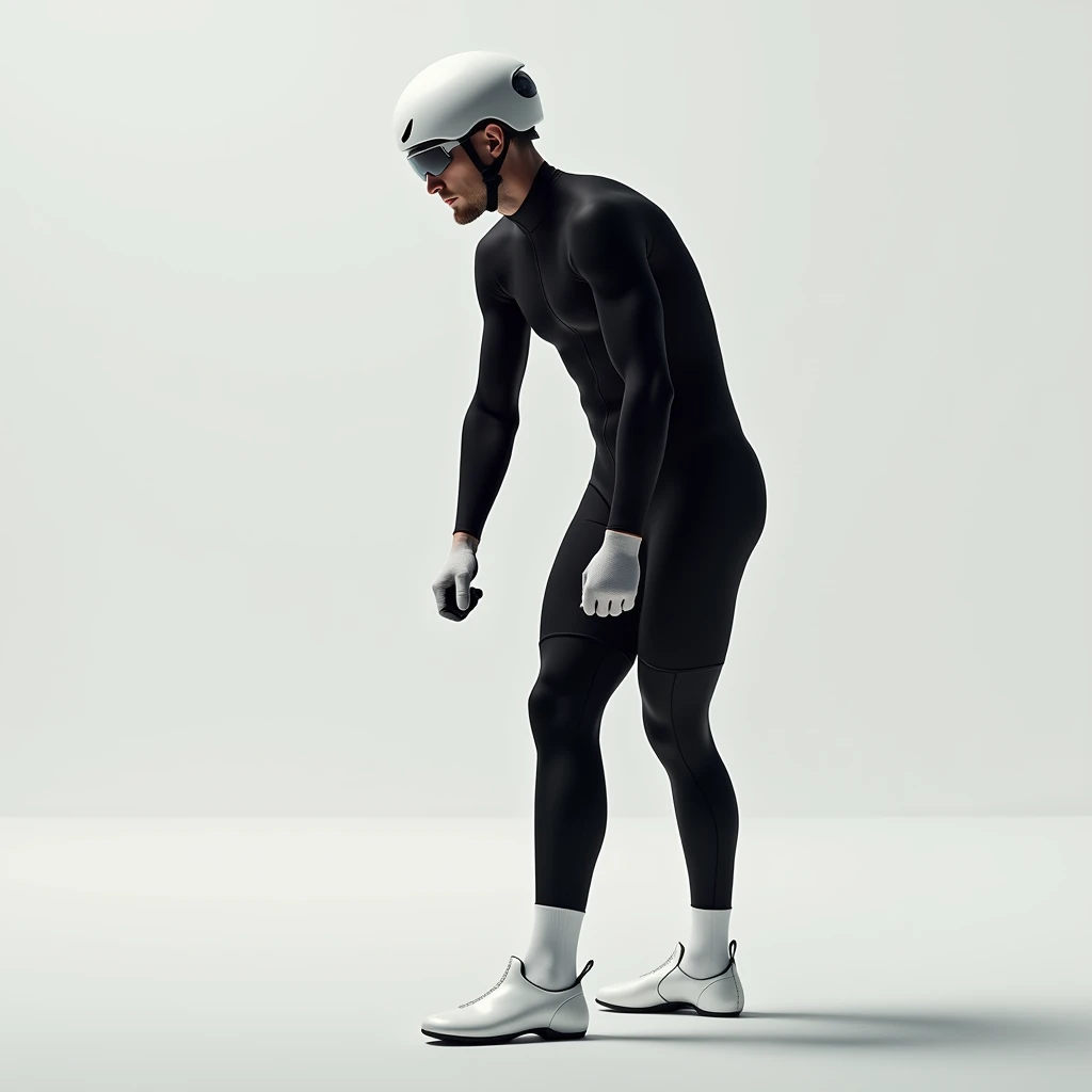 Best image quality, Ultra-high resolution, (realism: 1.4),photograph,1 male,Are standing,cyclist,Bodysuits,Black long tights,Long sleeve,White binding shoes,White cycling helmet,White long socks,Cycling Sunglasses,gloves
