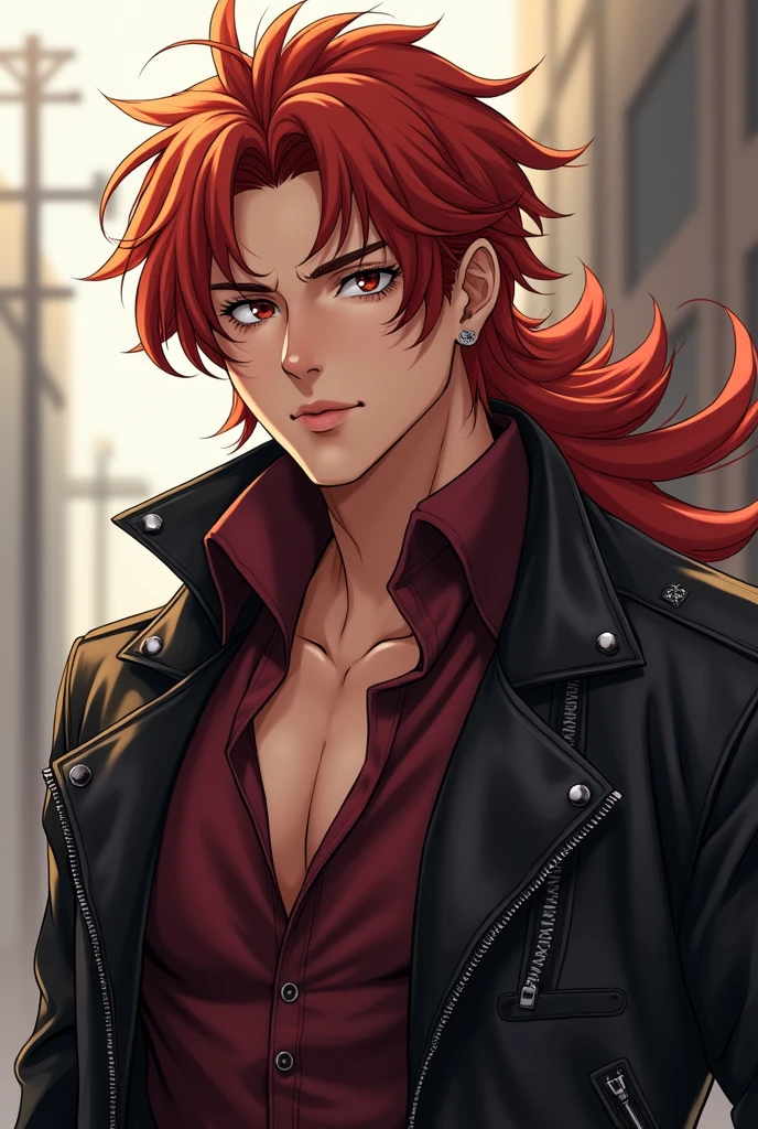 Anime character similar to Rudeus with a Man almond-shaped eyes, full lips, a delicate nose, and well-defined muscles. Long, fiery red hair, a soft yet profound gaze with a hint of ironic humor. A confident posture, often seen in a leather jacket over a burgundy shirt.