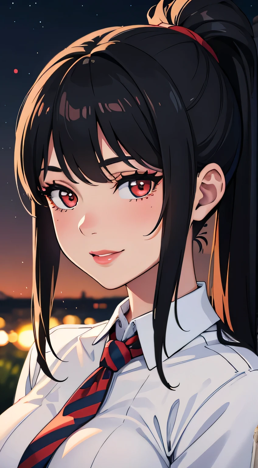 Amazing portrait of a woman who is 30 years old and an adult and a sexy coworker with her black hair in a long ponytail with seductive and charming eyes and her mouth parted in a seductive and dazzling smile with a very deep blush and the tip of her nose is red wearing a white shirt and blue striped tie layered with a red sweater and paired with a black miniskirt during night time with soft lighting showcasing her red lips and her beautiful face in detail and close up