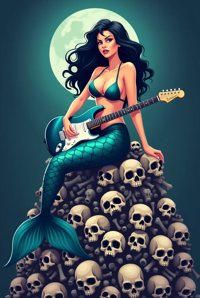 flat vector logo of a voluptuous mermaid. She is sitting on top of a mountain of skulls and bones. she is smiling tempting (evil). She is holding a blue sparkly fender stratocaster