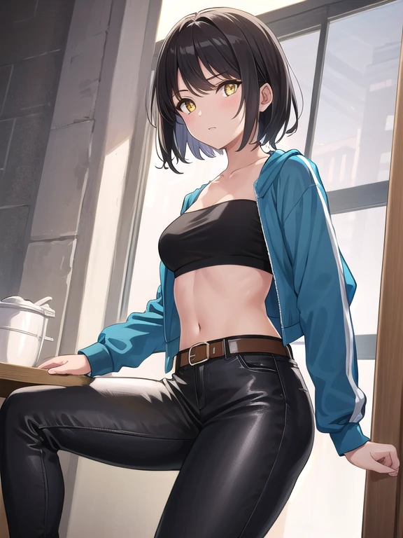 1girl, solo, 26 years old, short hair, brown hair, (yellow eyes:1.5), tan-bronze skin, tan-skinned female, athletic figure, medium breasts BREAK wearing 2000's fashion: opened blue jacket, black strapless top, (midriff), belt, shiny black leather pants BREAK looking at viewer, BREAK indoors, BREAK (masterpiece:1.2), best quality, high resolution, unity 8k wallpaper, (illustration:0.8), (beautiful detailed eyes:1.6), extremely detailed face, perfect lighting, extremely detailed CG, (perfect hands, perfect anatomy),
