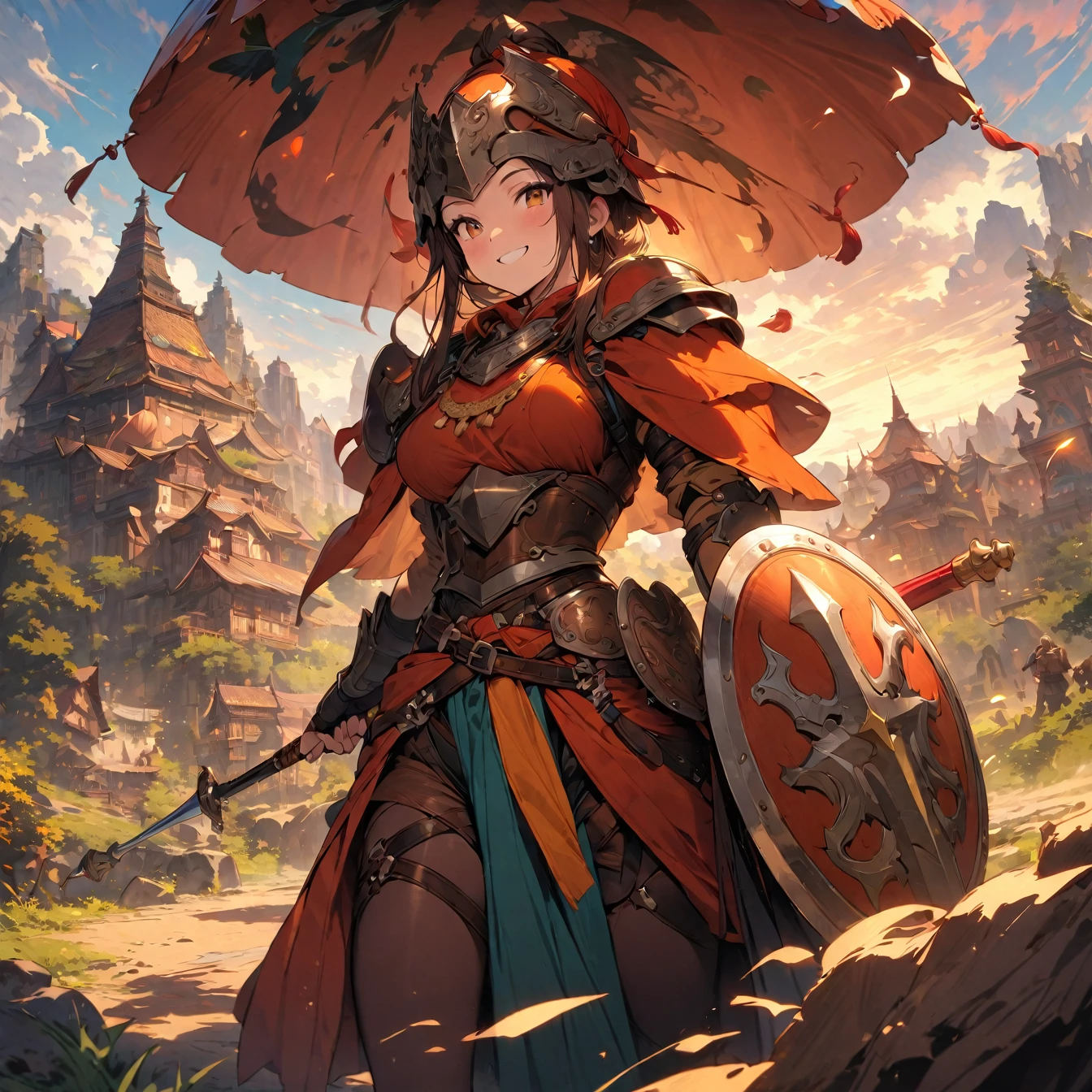 (masterpiece:1.4), (Highest quality:1.4), Very detailed, Complex, Very detailed, shape,Soft lighting, Scenic, Hopeful Face, smile,character from RPG games, (character: human, Fairy), (exterior: Swordsman style, Shaman style, Monk style, Magician style), (belongings: Long sword, dagger, Holy Staff, Magic wand, shield, metal armor, Leather Armor), Perfectly accurate anatomical shape、All limbs are intact、Perfect Full Finger, Colorful characters, Landscape colored in earth tones, Huge, Majestic, female knight, Expression that brings excitement,