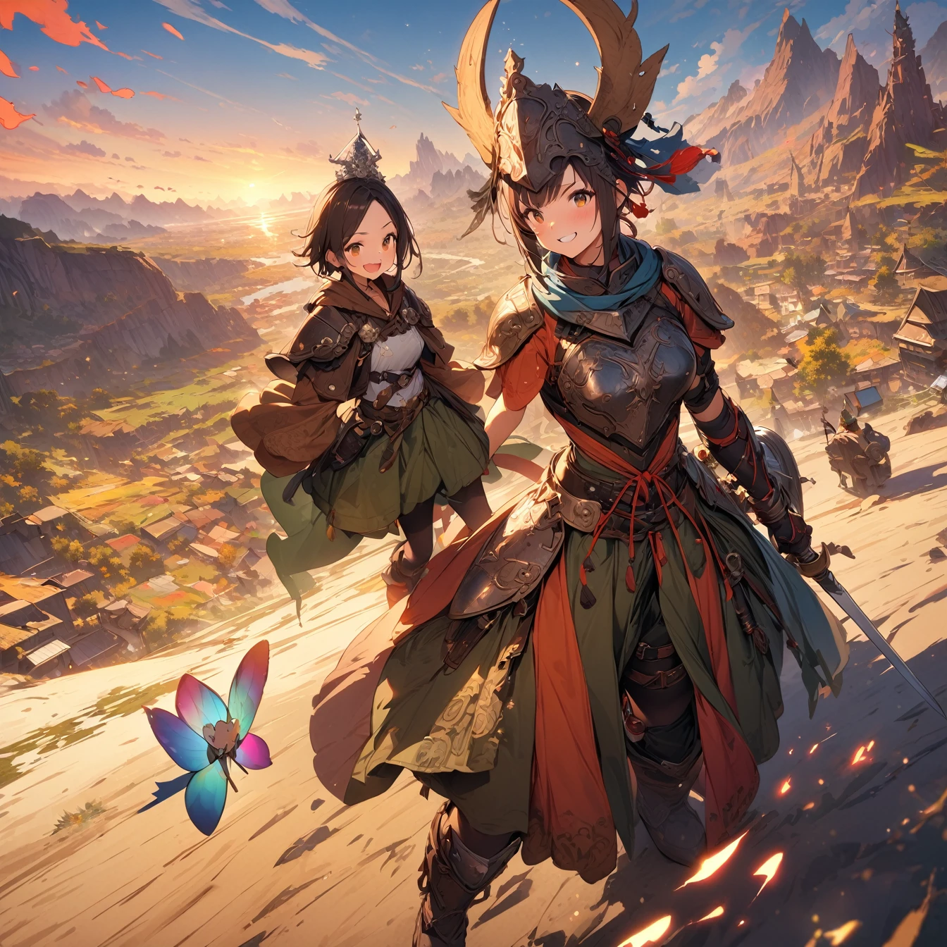 (masterpiece:1.4), (Highest quality:1.4), Very detailed, Complex, Very detailed, shape,Soft lighting, Scenic, Hopeful Face, smile,character from RPG games, (character: human, Fairy), (exterior: Swordsman style, Shaman style, Monk style, Magician style), (belongings: Long sword, dagger, Holy Staff, Magic wand, shield, metal armor, Leather Armor), Perfectly accurate anatomical shape、All limbs are intact、Perfect Full Finger, Colorful characters, Landscape colored in earth tones, Huge, Majestic, female knight, Expression that brings excitement,