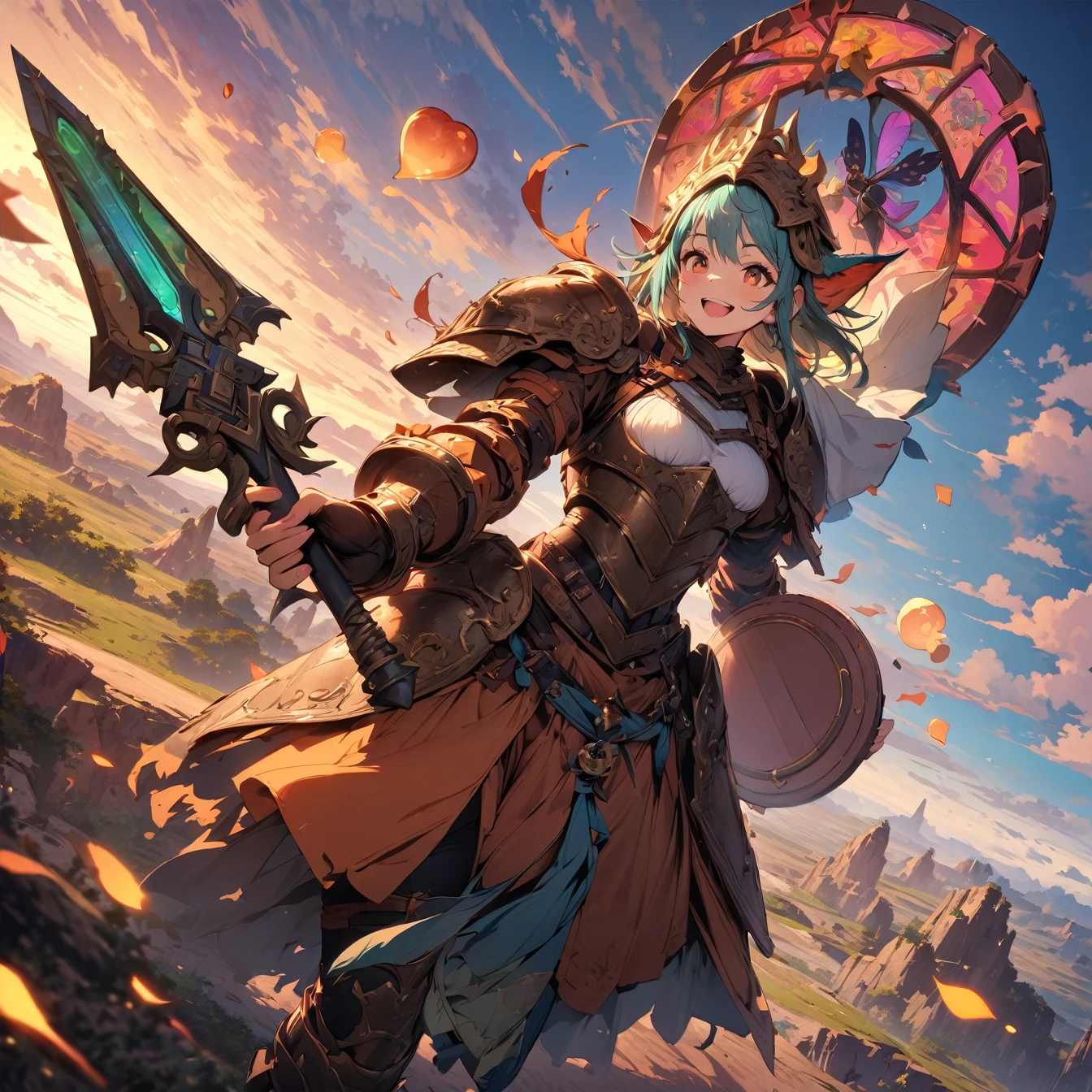 (masterpiece:1.4), (Highest quality:1.4), Very detailed, Complex, Very detailed, shape,Soft lighting, Scenic, Hopeful Face, smile,character from RPG games, (character: human, Fairy), (exterior: Swordsman style, Shaman style, Monk style, Magician style), (belongings: Long sword, dagger, Holy Staff, Magic wand, shield, metal armor, Leather Armor), Perfectly accurate anatomical shape、All limbs are intact、Perfect Full Finger, Colorful characters, Landscape colored in earth tones, Huge, Majestic, female knight, Expression that brings excitement,