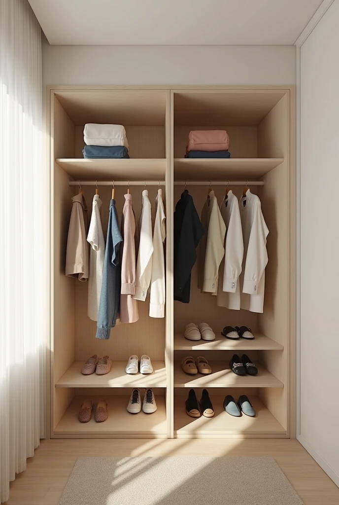 Closet for dresses, shirts and pants hanging with shoe rack for 7 pairs, in small space 