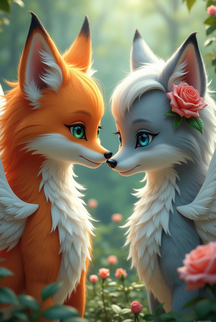 A fox Demi with orange hair, green eyes, with white wings and a rose in their hair und ein Wolf Demi mit Grauen-Weißen Haaren, blue eyes, with white wings and a rose in their hair, the Demis look very human and rose bushes are in the background