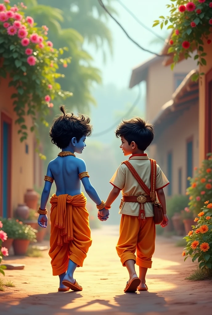 The image captures a moment of a beautiful village in many colorful tree and flowers in background. as two young boys, one lord kid krishna face blue colour, and the other in a Indian kid soldier uniform, walk hand in hand along a street.