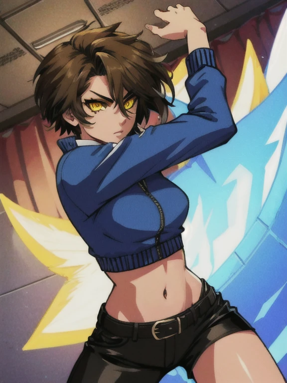 1girl, solo, 26 years old, short hair, brown hair, (yellow eyes:1.5), tan-bronze skin, tan-skinned female, athletic figure, medium breasts BREAK wearing 2000's fashion: opened blue jacket, black strapless top, (midriff), belt, shiny black leather pants BREAK looking at viewer, BREAK indoors, BREAK (masterpiece:1.2), best quality, high resolution, unity 8k wallpaper, (illustration:0.8), (beautiful detailed eyes:1.6), extremely detailed face, perfect lighting, extremely detailed CG, (perfect hands, perfect anatomy),
