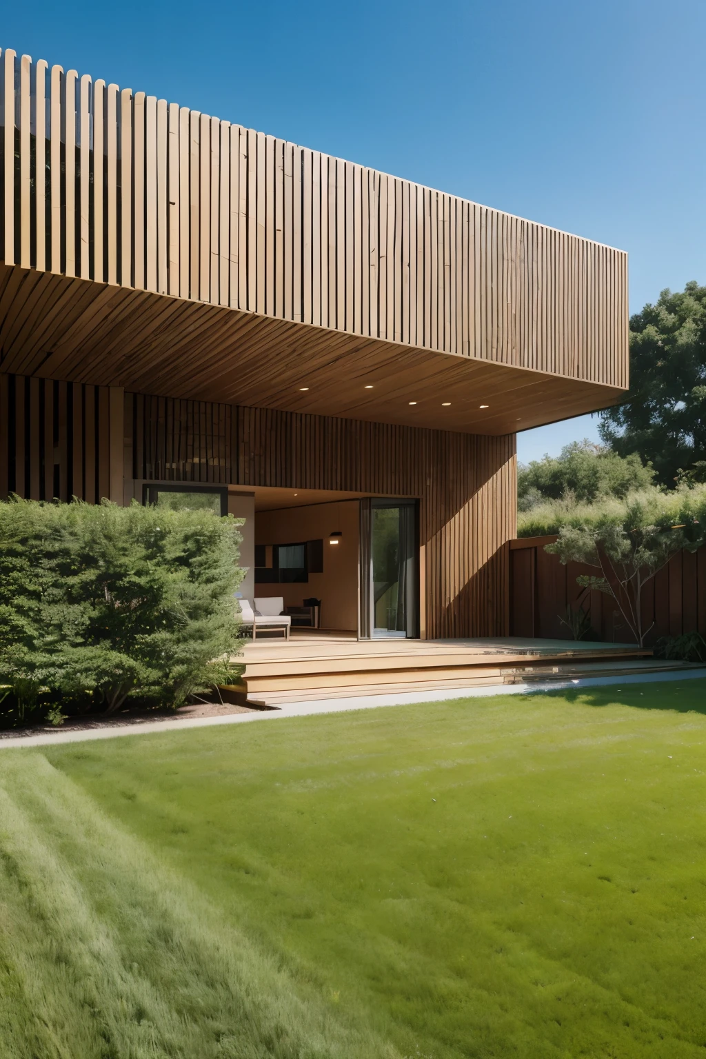 It has a large lawn and a path leading to the front door., concept house, large modern residence, by Luís Miranda, with a lush lawn, house in the florest, contemporary architecture, well-designed masterpiece, Modern wooden house, by Rem Koolhaas, realistic architecture, by Bjarke Ingels, wide angle exterior 2022