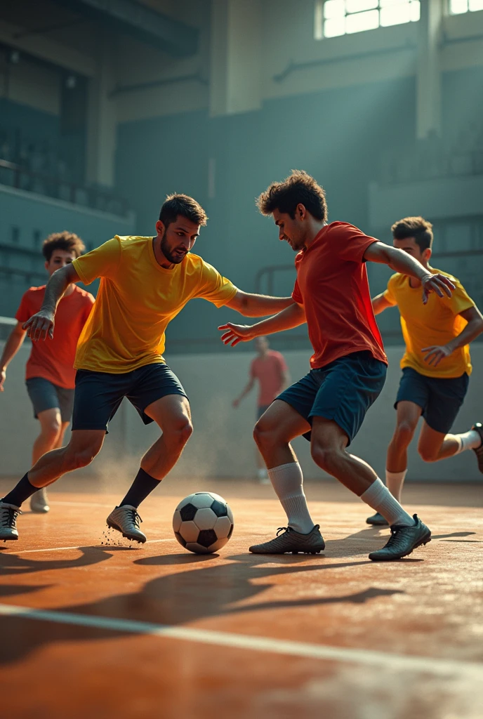 Violent football game between friends on futsal court