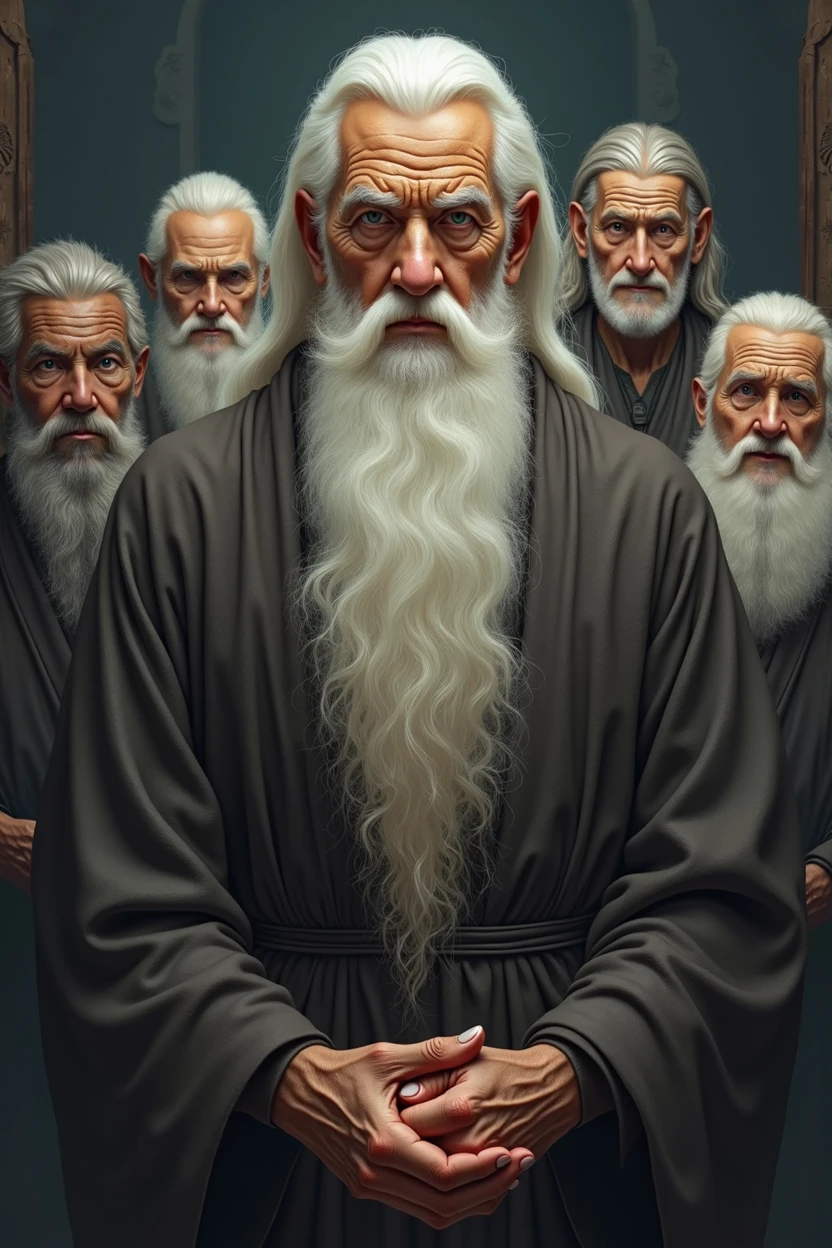 Seven wise elders, representing different ethnicities, are arranged in a harmonious semicircle. Three of these wise men are elderly women, while among men, one is black and the other is Asian. Their serene expressions reflect the deep wisdom acquired throughout their lives. At the center, a man with a mysterious and charming appearance stands out, his long, well-groomed white beard and his face marked by wrinkles that tell stories of vast knowledge. Her clear eyes emanate an almost mystical serenity, as if they were hiding the secrets of the universe. All are dressed in simple robes, mas elegantes, that accentuate its aura of mystery and wisdom. The background is enigmatic, evoking an atmosphere of mystery and depth, suggesting a place where ancestral knowledge is carefully preserved and transmitted.

Remember that there should be seven characters
