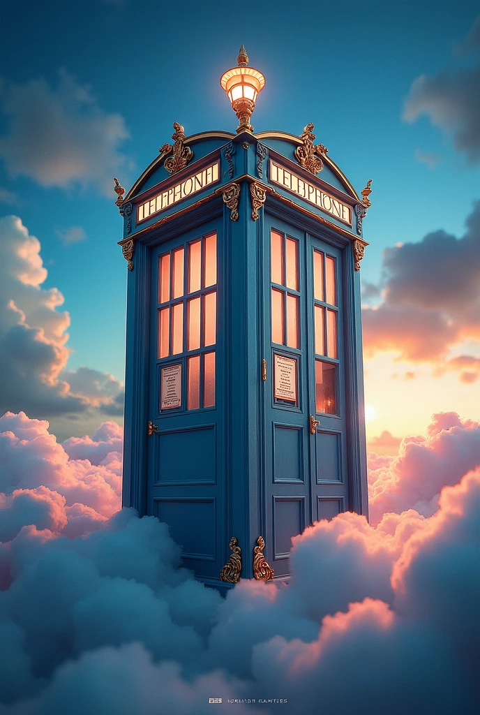 Image generated of a telephone booth with a sky background, Promotional Art BBC, by Wayne England, Fantastical telephone booth, fancy, 3840x2160, 3840 x 2160, por Derek Hill, Dr. Quem, por Jason Benjamin, Direction: Steve Prescott, Written on top of the booth TEDOMA