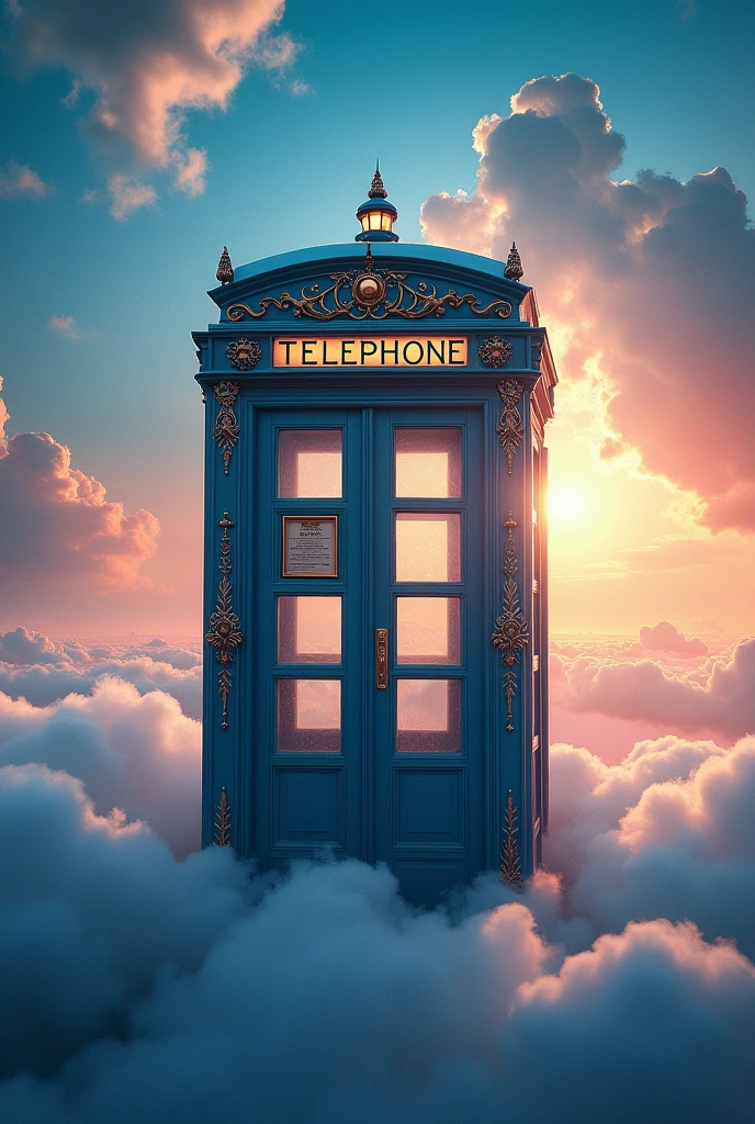 Image generated of a telephone booth with a sky background, Promotional Art BBC, by Wayne England, Fantastical telephone booth, fancy, 3840x2160, 3840 x 2160, por Derek Hill, Dr. Quem, por Jason Benjamin, Direction: Steve Prescott, Written on top of the booth TEDOMA