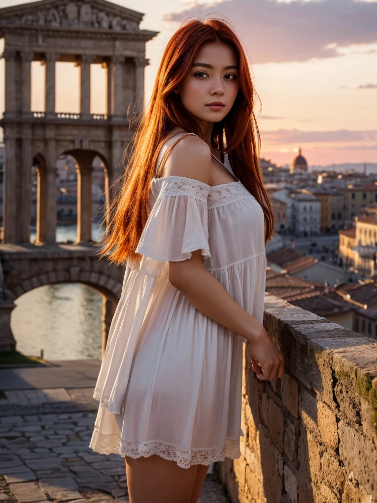 8 K、masterpiece、redhead top quality、Highest level、Highest image quality、the piece is flying、complex parts、a high resolution、depth of field、natural light、professional lighting、Tourist city in Europe, flourishing since ancient times、The city is painted red by the setting sun、sunset sky、(1 girl)、One、Photographing an Italian girl from a distance.、Young woman'The whole body is visible in the camera'viewfinder.、(Cute:1.2)、(highly detailed skin: 1.2)、Photorealistic rendering of an anime girl、realistic anime 3d style、beautiful blonde hair、Deep blue eyes、strong glare in the eyes、big breasts、Ideal Anatomy、eyelashes、(Casual fashion、short boots)、Realistic cars、((tourist cities of Italy、The city is painted red by the setting sun、Street scenery with a sense of history、Luxury hotel with a marble entrance、Terrace Cafe、high church tower、Detailed old castle、sunset sky、Looking at the sunset and the city))、