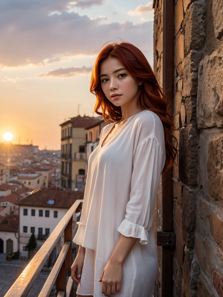 8 K、masterpiece、redhead top quality、Highest level、Highest image quality、the piece is flying、complex parts、a high resolution、depth of field、natural light、professional lighting、Tourist city in Europe, flourishing since ancient times、The city is painted red by the setting sun、sunset sky、(1 girl)、One、Photographing an Italian girl from a distance.、Young woman'The whole body is visible in the camera'viewfinder.、(Cute:1.2)、(highly detailed skin: 1.2)、Photorealistic rendering of an anime girl、realistic anime 3d style、beautiful blonde hair、Deep blue eyes、strong glare in the eyes、big breasts、Ideal Anatomy、eyelashes、(Casual fashion、short boots)、Realistic cars、((tourist cities of Italy、The city is painted red by the setting sun、Street scenery with a sense of history、Luxury hotel with a marble entrance、Terrace Cafe、high church tower、Detailed old castle、sunset sky、Looking at the sunset and the city))、