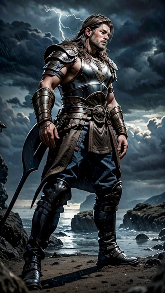 Create a close-up, profile view of a serious-faced man blending Greek, Viking, and gladiator styles. The man should have short, rugged hair that combines Viking and gladiator influences, while his facial features and a laurel wreath reflect classical Greek aesthetics. His face should exhibit an intense, contemplative expression, conveying strength and determination.

Surround his face with dramatic thunderstorms and flashes of lightning, enhancing the scene's dynamic energy and symbolizing the power of his philosophical reflections. The background should feature a tumultuous stormy sky in deep blues and grays, with the lightning illuminating his profile and creating striking contrasts. The image should evoke a sense of epic grandeur and fierce determination, integrating elements from Greek, Viking, and gladiatorial imagery to underscore the theme of strength and inner power.