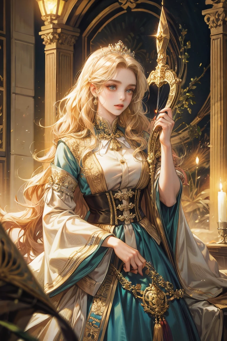 A woman with curly hair, looking at the audience, golden eyes, princess, dynasty, dressed with a bow and arrow