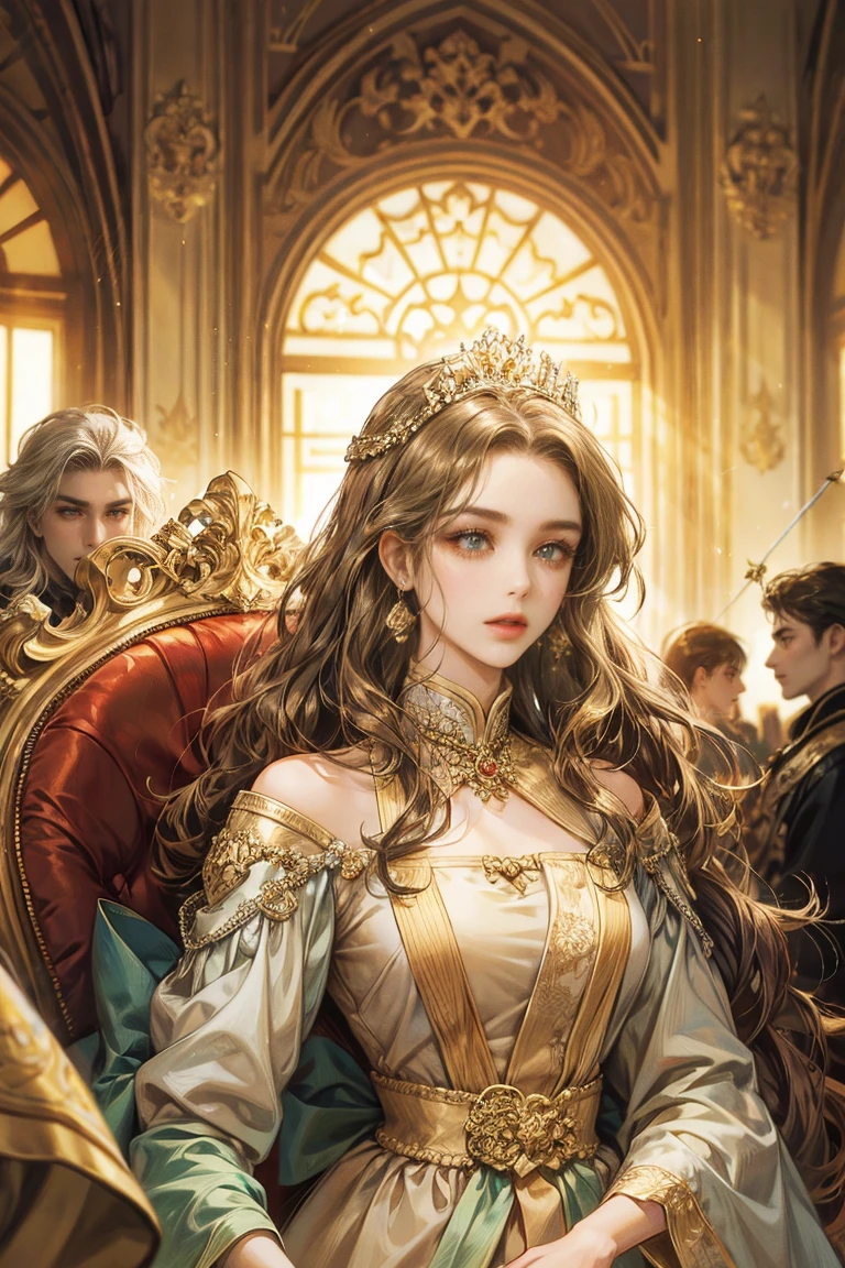 A woman with curly hair, looking at the audience, golden eyes, princess, dynasty, dressed with a bow and arrow