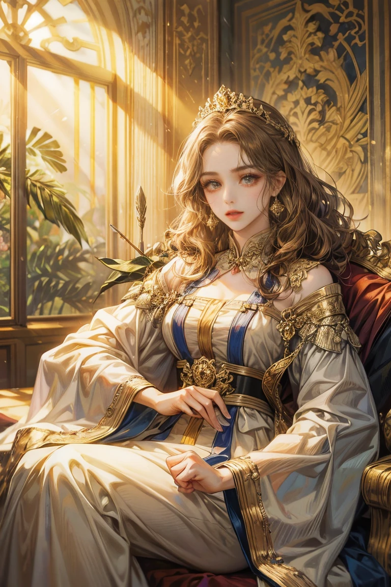 A woman with curly hair, looking at the audience, golden eyes, princess, dynasty, dressed with a bow and arrow