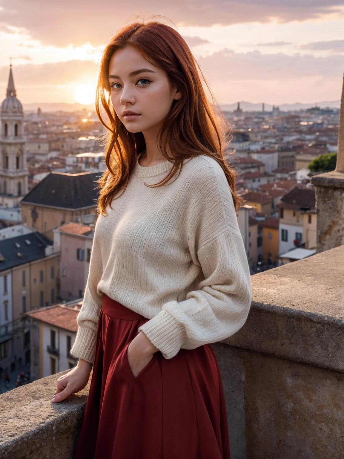 8 K、masterpiece、redhead top quality、Highest level、Highest image quality、the piece is flying、complex parts、a high resolution、depth of field、natural light、professional lighting、Tourist city in Europe, flourishing since ancient times、The city is painted red by the setting sun、sunset sky、(1 girl)、One、Photographing an Italian girl from a distance.、Young woman&#39;The whole body is visible in the camera&#39;viewfinder.、(Cute:1.2)、(highly detailed skin: 1.2)、Photorealistic rendering of an anime girl、realistic anime 3d style、beautiful blonde hair、Deep blue eyes、strong glare in the eyes、big breasts、Ideal Anatomy、eyelashes、(Casual fashion、short boots)、Realistic cars、((tourist cities of Italy、The city is painted red by the setting sun、Street scenery with a sense of history、Luxury hotel with a marble entrance、Terrace Cafe、high church tower、Detailed old castle、sunset sky、Looking at the sunset and the city))、
