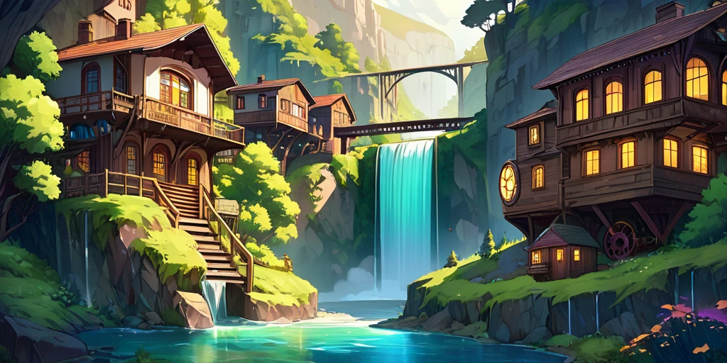 Dessinez une affiche d'anime lofi, village, canyon, Décoration Steampunk, Cascade, Lumière, forêt, une belle palette de couleurs en verre brun, couleurs saturées vibrantes, ouvrages d'art, aucun humain, les jours, thème animé