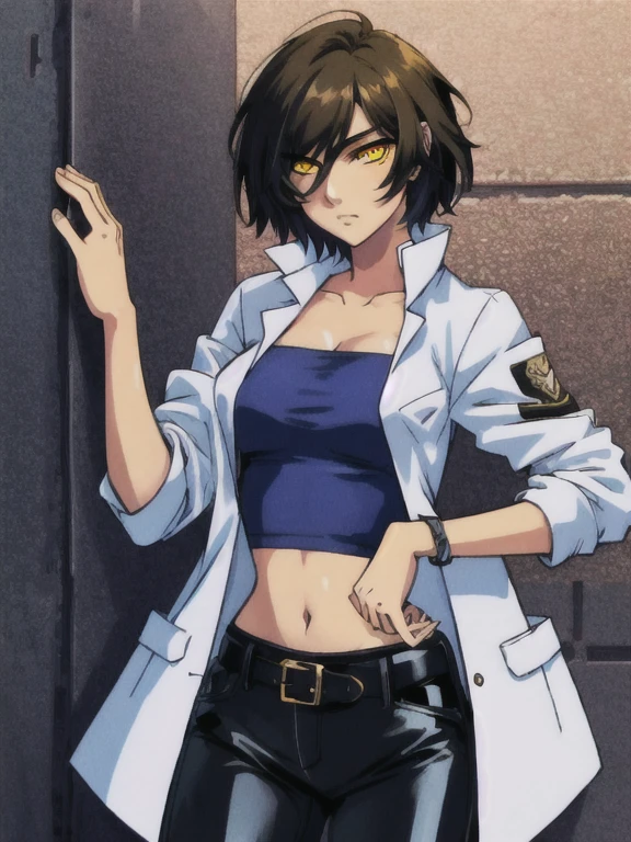 1girl, solo, 26 years old, short hair, brown hair, (yellow eyes:1.5), tan-bronze skin, tan-skinned female, athletic figure, medium breasts BREAK wearing 2000's fashion: opened blue jacket, black strapless top, (midriff), belt, shiny black leather pants BREAK looking at viewer, BREAK indoors, BREAK (masterpiece:1.2), best quality, high resolution, unity 8k wallpaper, (illustration:0.8), (beautiful detailed eyes:1.6), extremely detailed face, perfect lighting, extremely detailed CG, (perfect hands, perfect anatomy),
