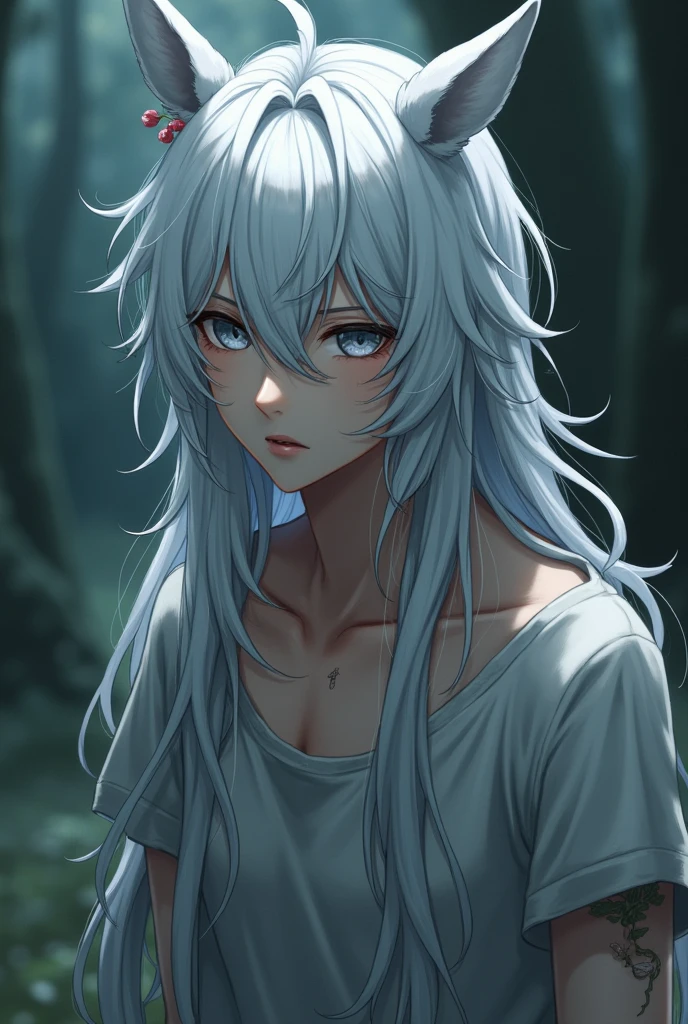 Injured anime horse boy with long white hair
