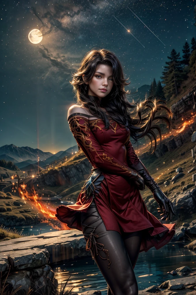 (masterpiece, best quality:1.2), cowboy shot, solo, 1girl, cinder fall, looking at viewer, long hair, red dress, elbow gloves, pantyhose, holding flames, near village, on hillside, mountains in distance, waterfall, crowd, night, stars, moon (volumetric lighting), sharp focus, hyper detailed