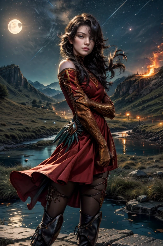 (masterpiece, best quality:1.2), cowboy shot, solo, 1girl, cinder fall, looking at viewer, long hair, red dress, elbow gloves, pantyhose, holding flames, near village, on hillside, mountains in distance, waterfall, crowd, night, stars, moon (volumetric lighting), sharp focus, hyper detailed 