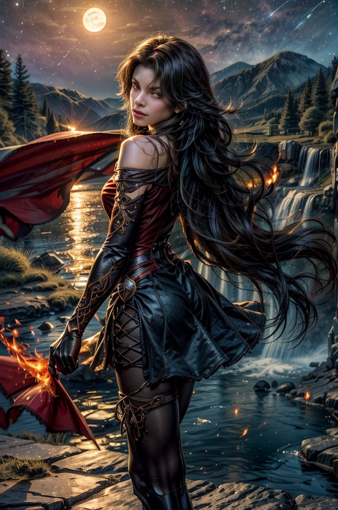 (masterpiece, best quality:1.2), cowboy shot, solo, 1girl, cinder fall, looking at viewer, long hair, red dress, elbow gloves, pantyhose, holding flames, near village, on hillside, mountains in distance, waterfall, crowd, night, stars, moon (volumetric lighting), sharp focus, hyper detailed