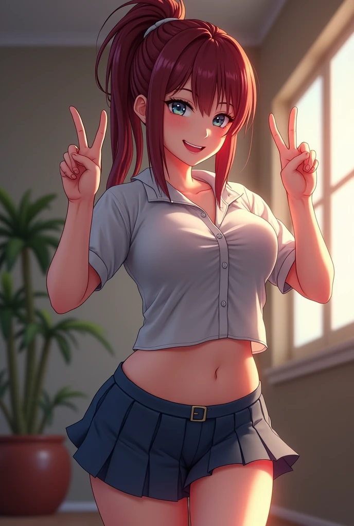 a schoolgirl with big breasts, dark red hair in a ponytail, blue eyes, wearing a mini skirt, see-through shirt, and flashing her panties while making a peace sign and smiling, (best quality,4k,8k,highres,masterpiece:1.2),ultra-detailed,(realistic,photorealistic,photo-realistic:1.37),extremely detailed eyes and face, beautiful detailed lips, longeyelashes, detailed school uniform, detailed mini skirt, highly detailed see-through shirt, detailed panty flash, dynamic pose, beautiful lighting, soft color palette, cinematic lighting