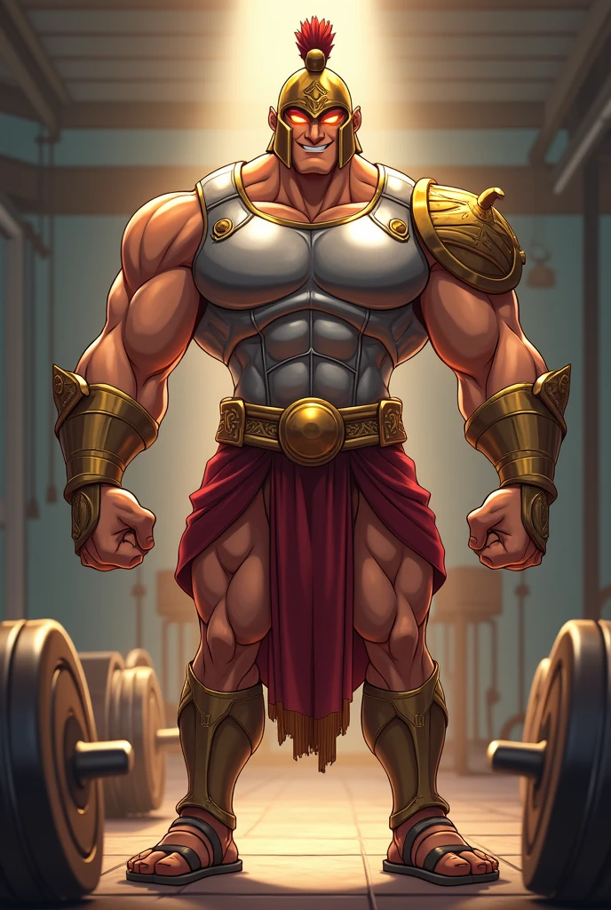 anime style Draw a stand with an athletic build, reflecting strength and endurance. The stand is powerful, well-developed muscles, которые выглядят How выкованные из металла, with skin, resembling steel or bronze. Elements of ancient Greek or Roman armor are visible on his shoulders and chest., Maybe, helmet and shoulder pads, giving him the appearance of a protector.
The stand's eyes glow softly, warm light, who radiates kindness and care. The facial expression is friendly, Calm, Confident. The stand is wearing sports uniform, which is styled to resemble modern workout clothes, but with elements of antique style, For example, sandals with straps or belt, reminiscent of ancient Roman.
There is a slight golden or silver aura around the stand., symbolizing his healing and motivating abilities. His posture should convey a readiness to support and protect., standing firm and confident, How бы приглашая к новым свершениям и победам.
The background can depict a gym with classic elements, How, For example, barbells and weights, to emphasize its connection with training.