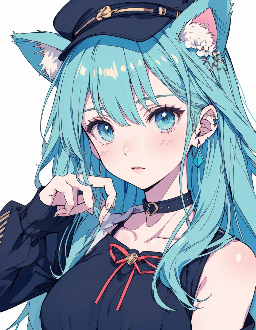 strow hat, dress, blade, ((masterpiece, best quality:1.5)), ((Beautiful detailed cat aqua eyes:1.2)), cat ears, pale skin, medium breasts, beautiful hands, beautiful fingers, EasyNegative