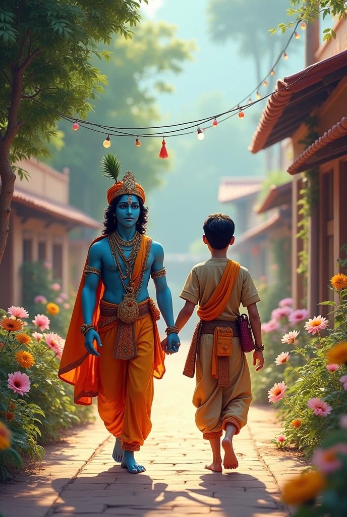 The image captures a moment of a beautiful village in many colorful tree and flowers in background. as two young boys, one lord ??? krishna face blue colour, and the other in a Indian ??? soldier uniform, walk hand in hand along a street.