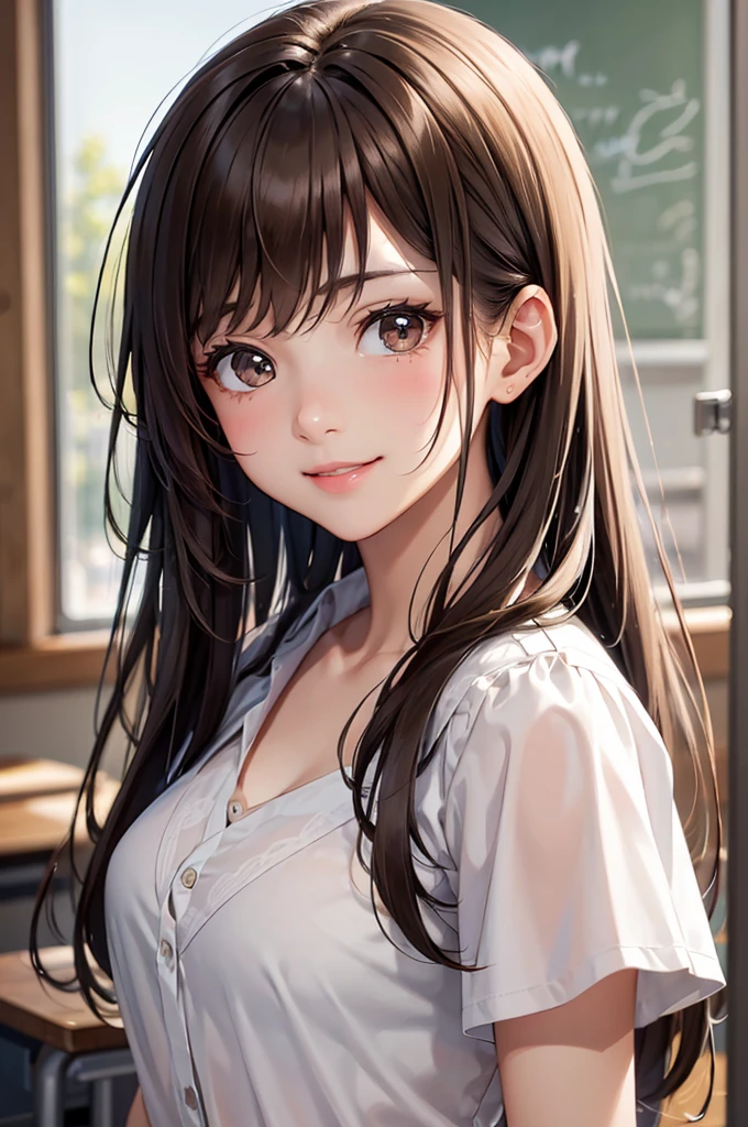 Best Quality,High resolution,8k,finelity detailed background,Masterpiece:1.2),beautiful girl,Shiny brown hair,messy hair,Brown eyes,Gentle look,A refreshing look,smile,Best quality,Best Quality,Aesthetic and aesthetic:1.2,Best details((Super detailed))(High-definition CG illustrations),summer uniform,Slender body,School,In the classroom,smile,blush,cute,Scrounge,Looking up,Being spoiled,super model