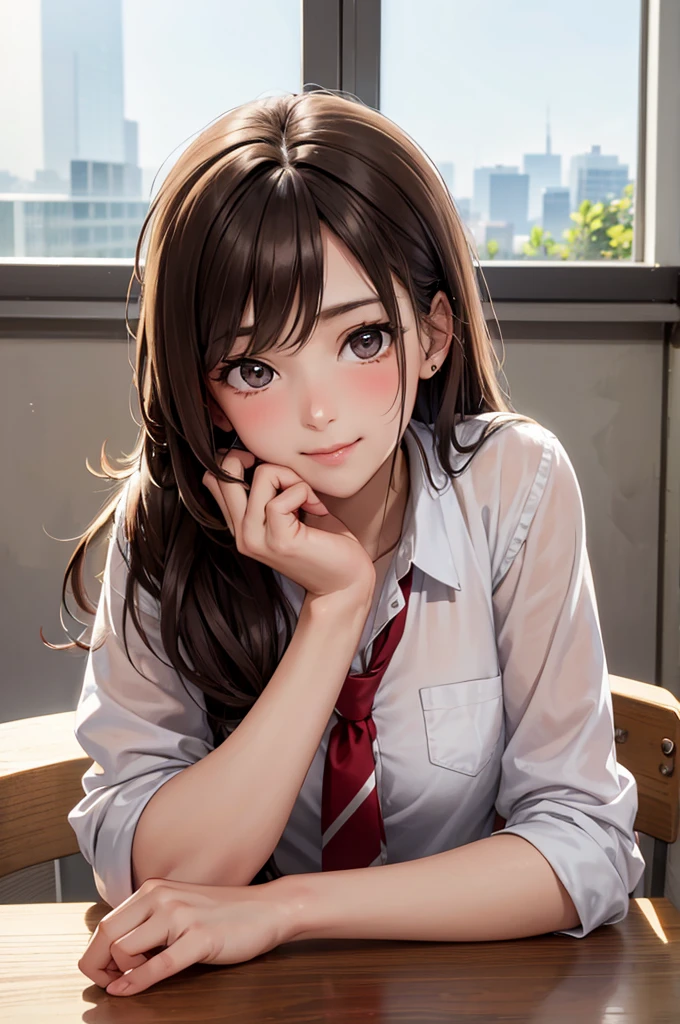 Best Quality,High resolution,8k,finelity detailed background,Masterpiece:1.2),beautiful girl,Shiny brown hair,messy hair,Brown eyes,Gentle look,A refreshing look,smile,Best quality,Best Quality,Aesthetic and aesthetic:1.2,Best details((Super detailed))(High-definition CG illustrations),summer uniform,Slender body,School,In the classroom,smile,blush,cute,Scrounge,Looking up,Being spoiled,super model