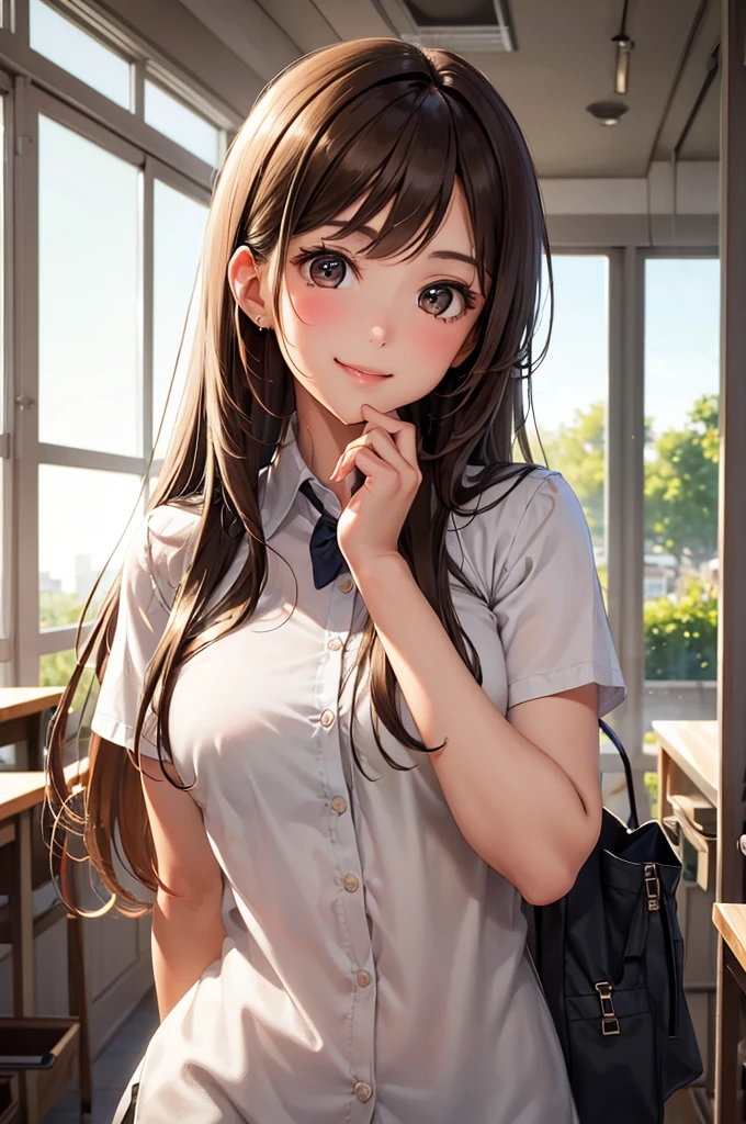 Best Quality,High resolution,8k,finelity detailed background,Masterpiece:1.2),beautiful girl,Shiny brown hair,messy hair,Brown eyes,Gentle look,A refreshing look,smile,Best quality,Best Quality,Aesthetic and aesthetic:1.2,Best details((Super detailed))(High-definition CG illustrations),summer uniform,Slender body,School,In the classroom,smile,blush,cute,Scrounge,Looking up,Being spoiled,super model