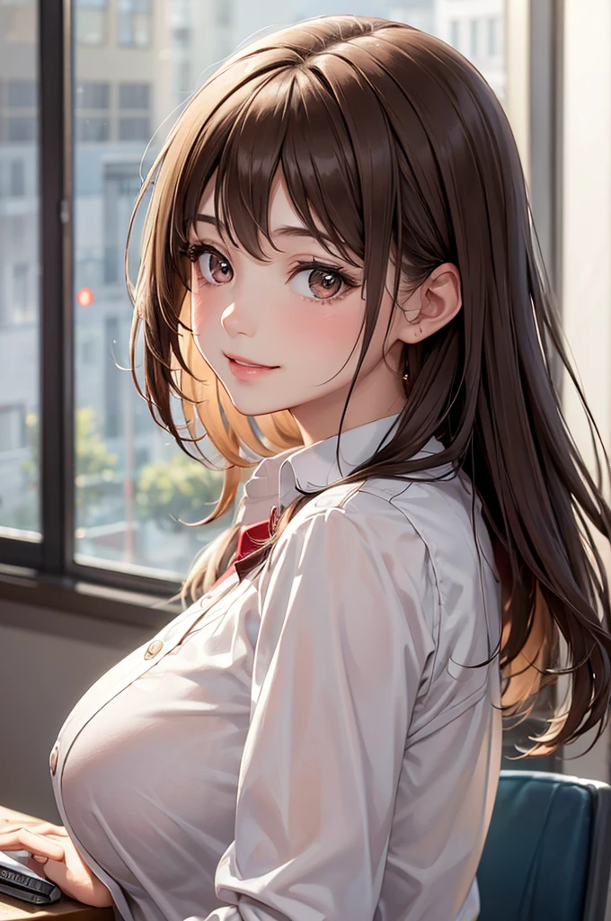 Best Quality,High resolution,8k,finelity detailed background,Masterpiece:1.2),beautiful girl,Shiny brown hair,messy hair,Brown eyes,Gentle look,A refreshing look,smile,Best quality,Best Quality,Aesthetic and aesthetic:1.2,Best details((Super detailed))(High-definition CG illustrations),summer uniform,Slender body,School,In the classroom,smile,blush,cute,Scrounge,Looking up,Being spoiled,super model