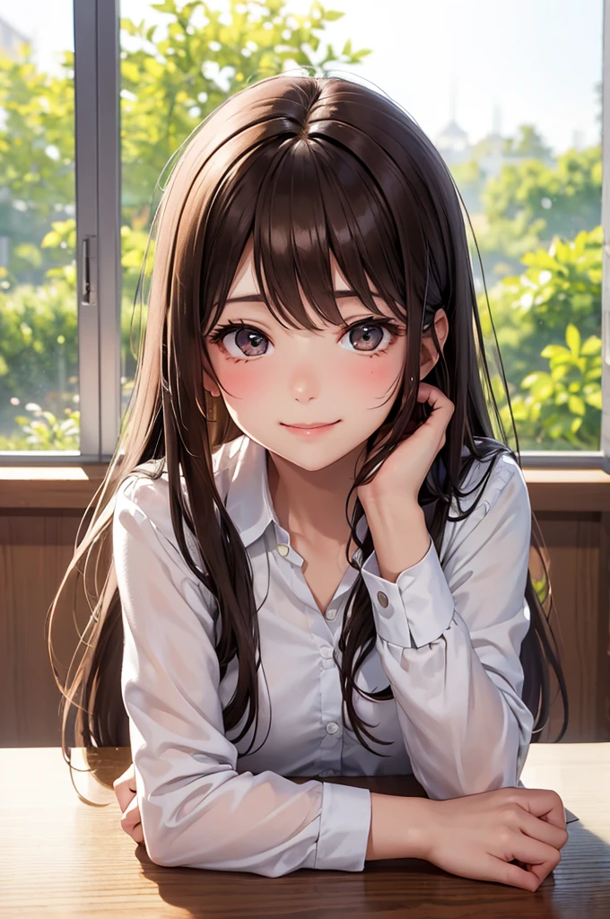 Best Quality,High resolution,8k,finelity detailed background,Masterpiece:1.2),beautiful girl,Shiny brown hair,messy hair,Brown eyes,Gentle look,A refreshing look,smile,Best quality,Best Quality,Aesthetic and aesthetic:1.2,Best details((Super detailed))(High-definition CG illustrations),summer uniform,Slender body,School,In the classroom,smile,blush,cute,Scrounge,Looking up,Being spoiled,super model