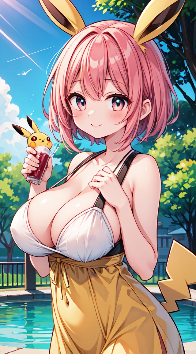 (Highest quality,8k,32K,masterpiece,Ultra-high resolution :1.2 ),born,one person,Super cute,Natural light,Clear, shining eyes,20-year-old,Fair skin,Fantasy background of an electronic world like a park with a fountain in summer,Large Breasts,Large Breasts,Good,Pikachu Cosplay,Pikachu's ears,Pikachu's food,Pikachu's tail,An innocent smile,Electrically charged,Pink Hair,Brown Hair