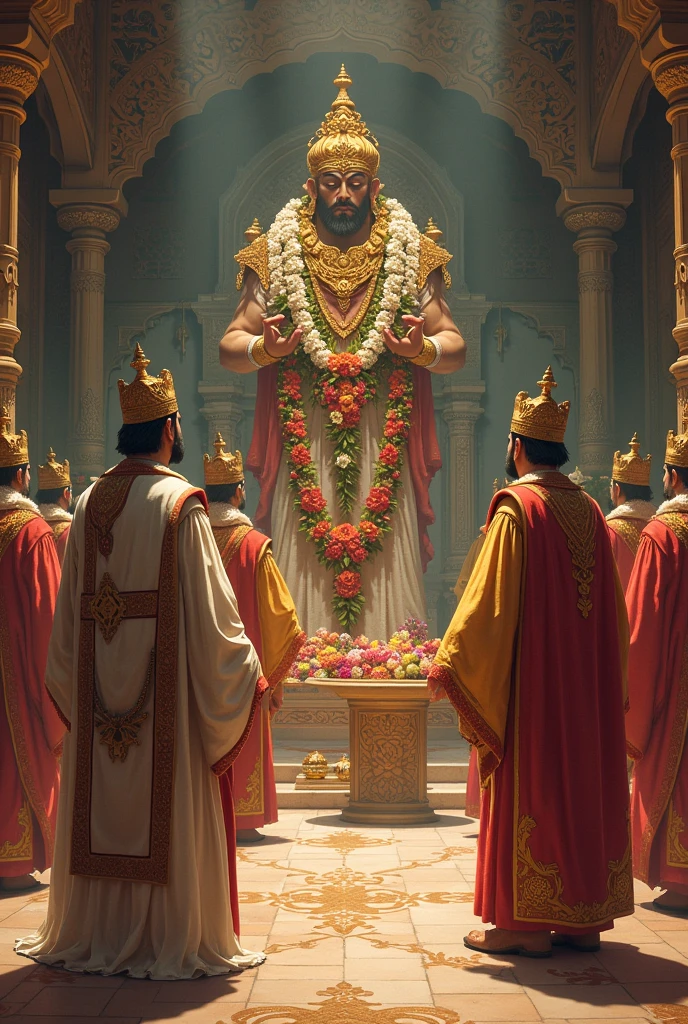 A king built a beautiful temple and appointed a priest to maintain it. For years, the king followed a daily ritual: he would send a floral garland to the temple with his soldiers every morning. The priest would place the garland around the deity's neck, and when the king came to visit, the priest would transfer the garland to the king.