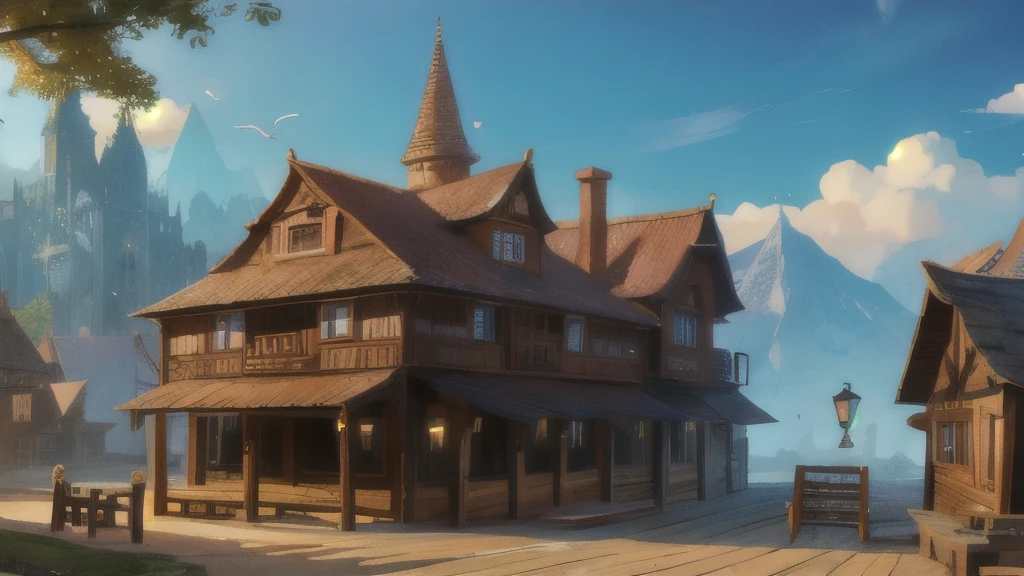 Fantasy City, tavern, a two-story wooden building, morning, building nearby