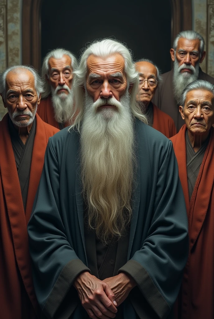 Seven wise elders, representing different ethnicities, are arranged in a harmonious semicircle. Three of these wise men are elderly women, while among men, one is black and the other is Asian. Their serene expressions reflect the deep wisdom acquired throughout their lives. At the center, a man with a mysterious and charming appearance stands out, his long, well-groomed white beard and his face marked by wrinkles that tell stories of vast knowledge. Her clear eyes emanate an almost mystical serenity, as if they were hiding the secrets of the universe. All are dressed in simple robes, mas elegantes, that accentuate its aura of mystery and wisdom. The background is enigmatic, evoking an atmosphere of mystery and depth, suggesting a place where ancestral knowledge is carefully preserved and transmitted.
Remember that there should be seven characters
