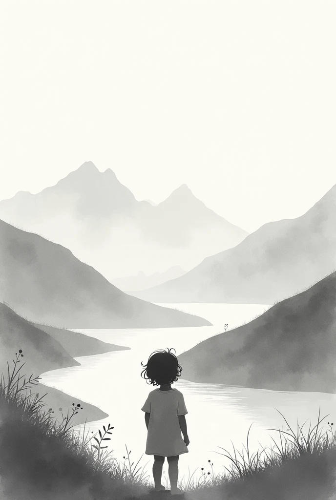 I want you to create a drawing that can be sketched and painted in watercolor, which is a child in a valley looking at the mountains with a river flowing downhill, with the mother in the background taken from the poem Caricias by Gabriela Mistral. I want it to be only black and white, not very detailed, and easy to draw.