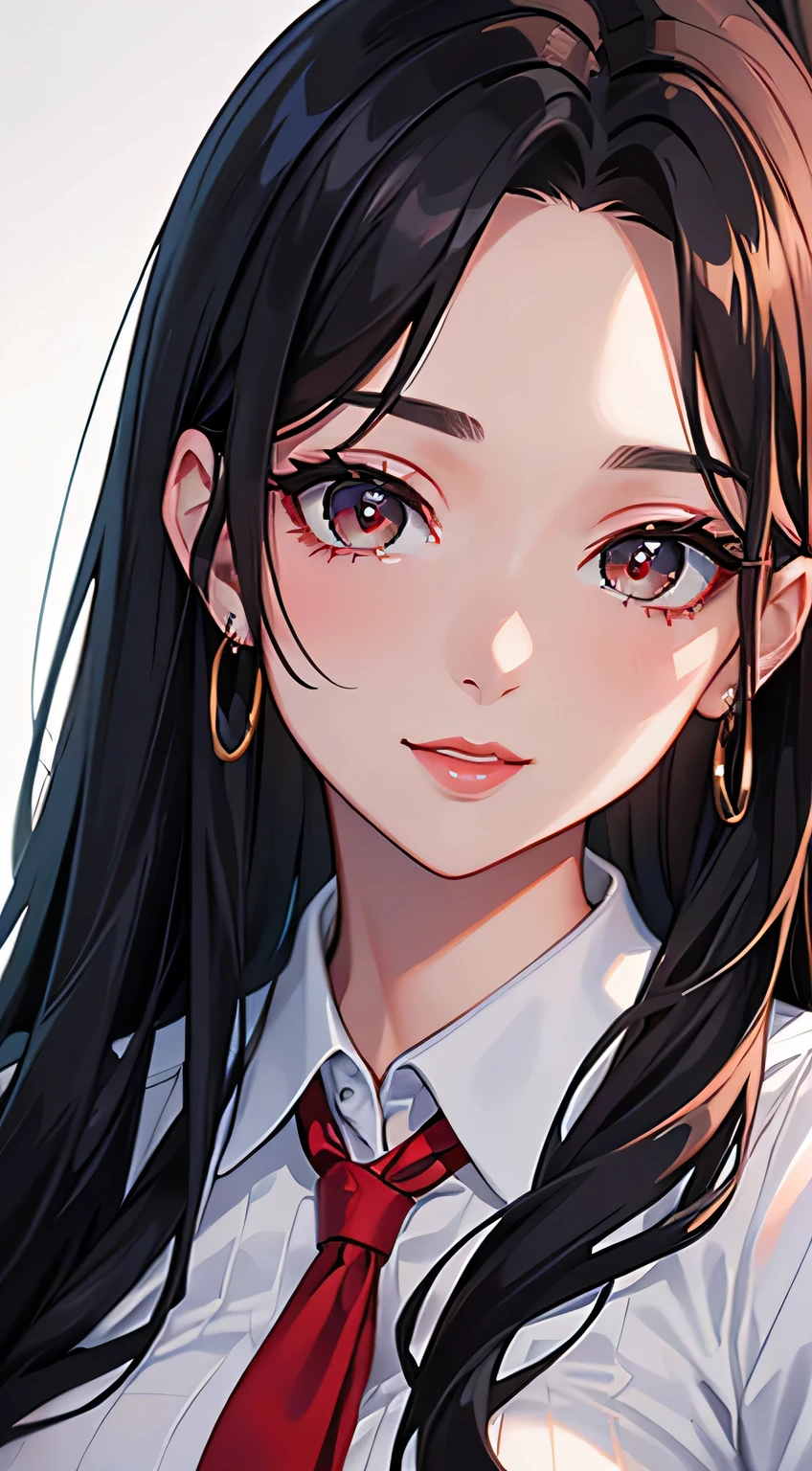 Amazing portrait of a woman who is 30 years old and an adult and a sexy coworker with her black hair in a long ponytail with seductive and charming eyes and her mouth parted in a seductive and dazzling smile with a very deep blush and the tip of her nose is red wearing a white shirt and blue striped tie layered with a red sweater and paired with a black miniskirt during night time with soft lighting showcasing her red lips and her beautiful face in detail and close up 