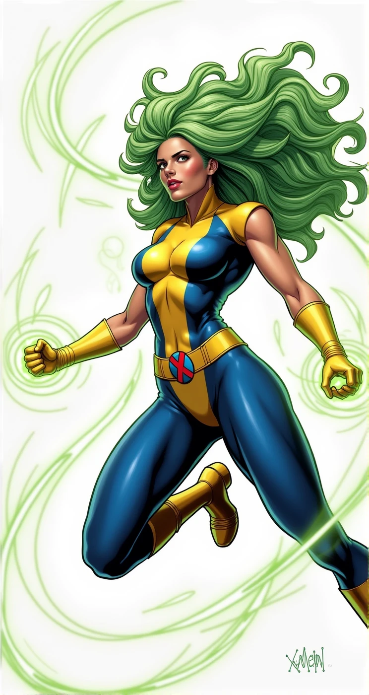 Lorna Dane, polaris x-men, (green thick wavy long hair:1.4), wearing a blue costume, with yellow xmen belt, yellow glowes, yellow boots, flying in a energetic force field, (she's using her green power:1.3), (comic style:1.4)