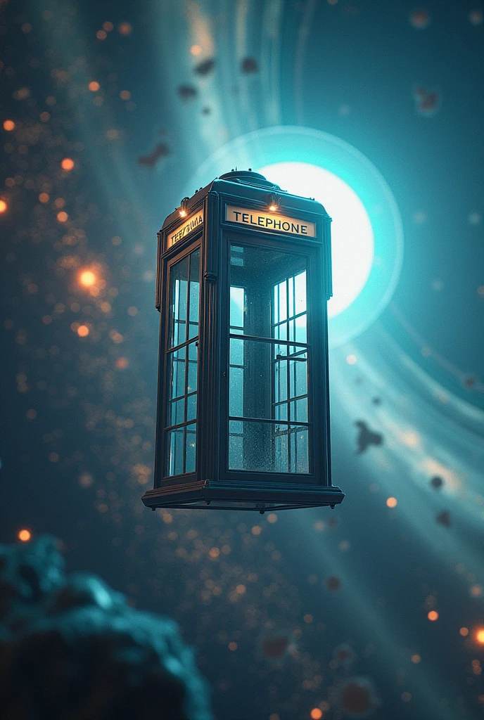 Há uma cabine telefônica flutuando no universe, planetes, Star dust, contrasting colours, yellow, purple, cerulean, poeiras do space, stele, Eye of God, rendered in keyshot, police station, futuristic cabins, cabine no estilo TRON LEGACY, luzes nas cores cerulean e dourada, cabin made of glass, transparent cabins, universe, space sideral, represented as a 3D rendering, 3D rendering beep, space, phone booths, TEDOMA written at the top of the cabin, promotional rendering, sci-fi magic highly detailed.